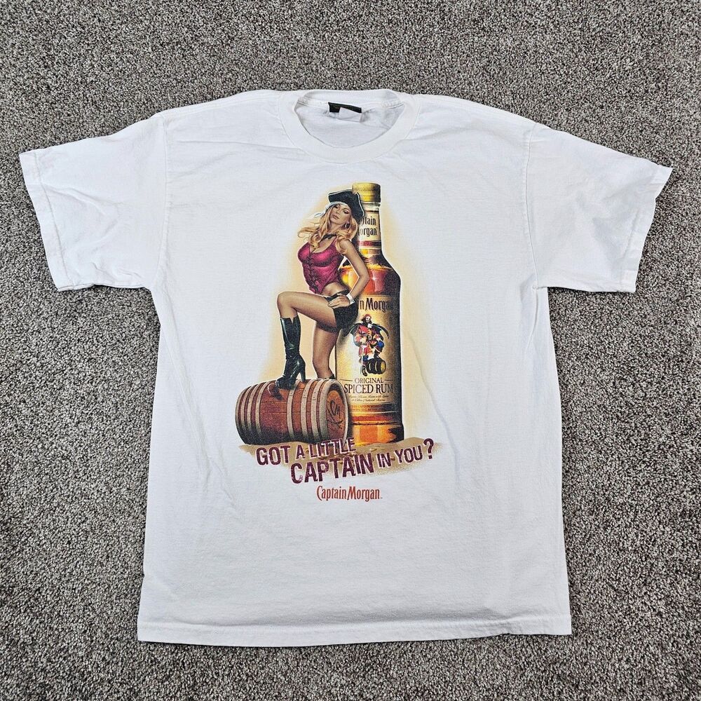 Captain Morgan Shirt Mens Large White Pirate Girl Pinup Rum Barrel Y2K Official